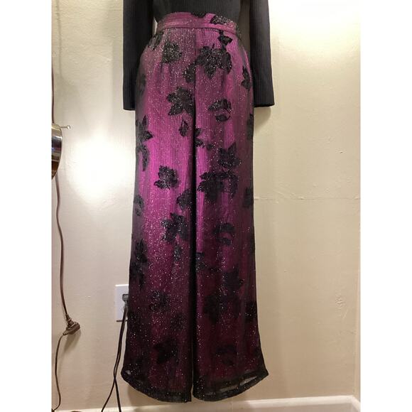 ZION NY Purple Black Metallic Floral Evening Wide 90s High Waist Pants S 27w Hot - Picture 11 of 14